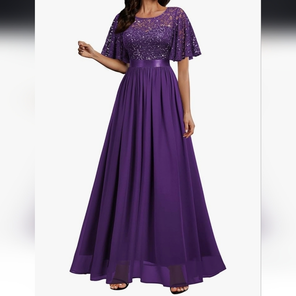Miusol Purple Sequined Lace Flutter Sleeve Maxi Dress